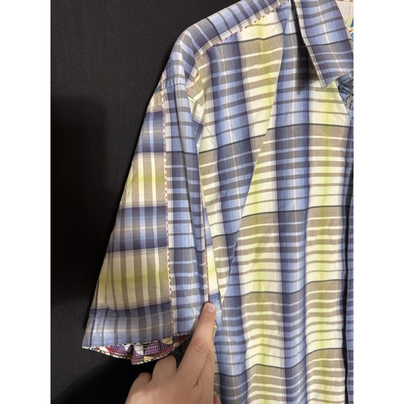Robert Graham Mens Sz XL Green/ Blue Striped S/S Button Up Shirt (X15) - Picture 10 of 11